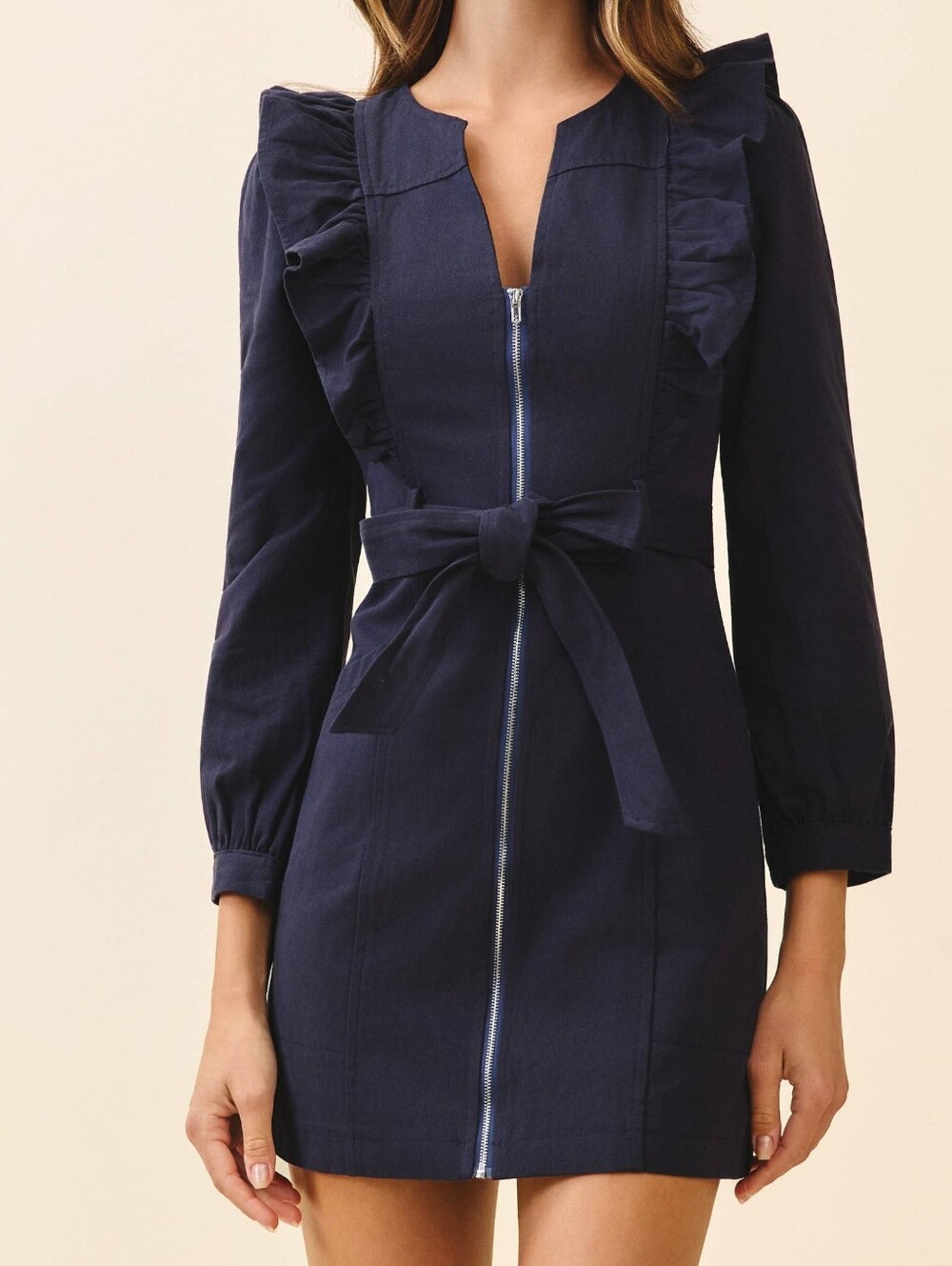 TCEC Navy Ruffle-Trim Zip Front Tie-Waist Dress